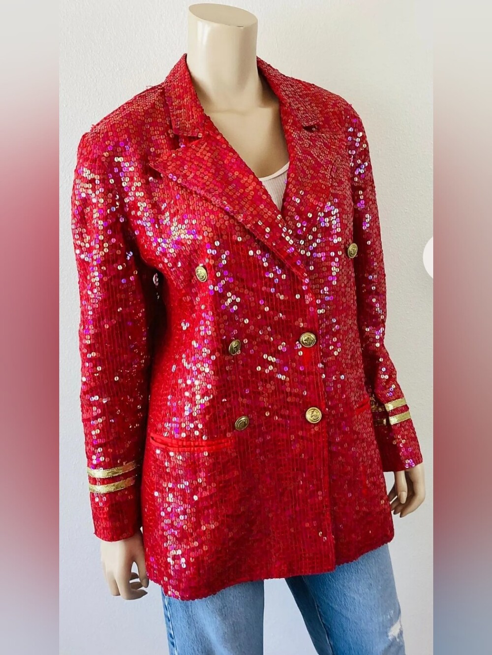 Red Sequin Double-Breasted Jacket with Gold Buttons 😮‍💨🔥🫰🏾(w/FLAW) - Picture 3 of 13